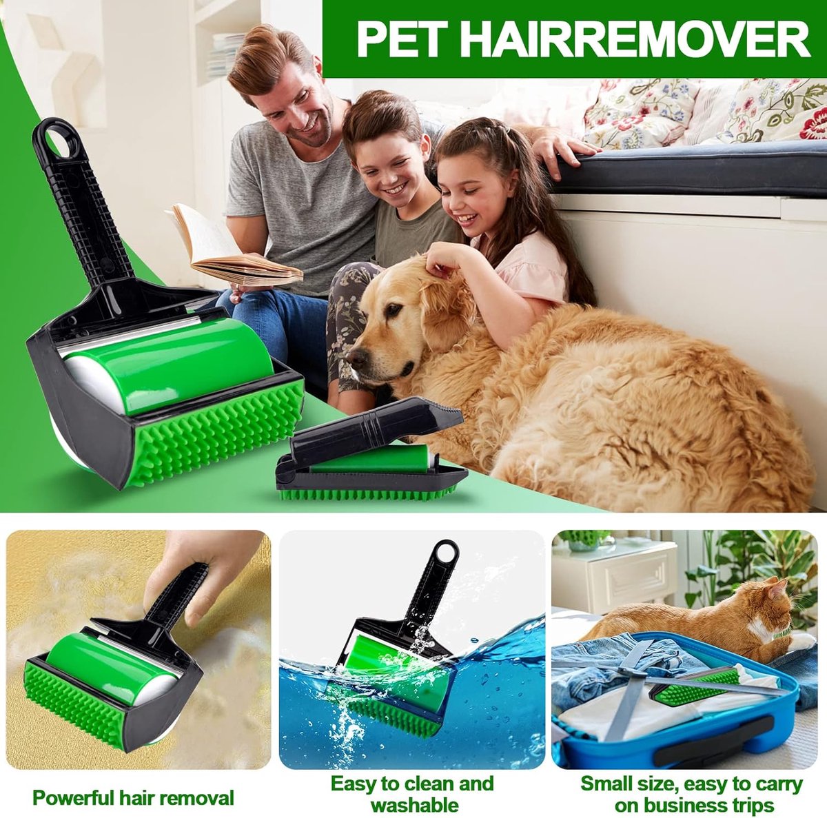 Pet hair remover - 3-in-1 lint roller - Reusable, silicone, washable - Suitable for sofas, carpets, couches, and clothing.