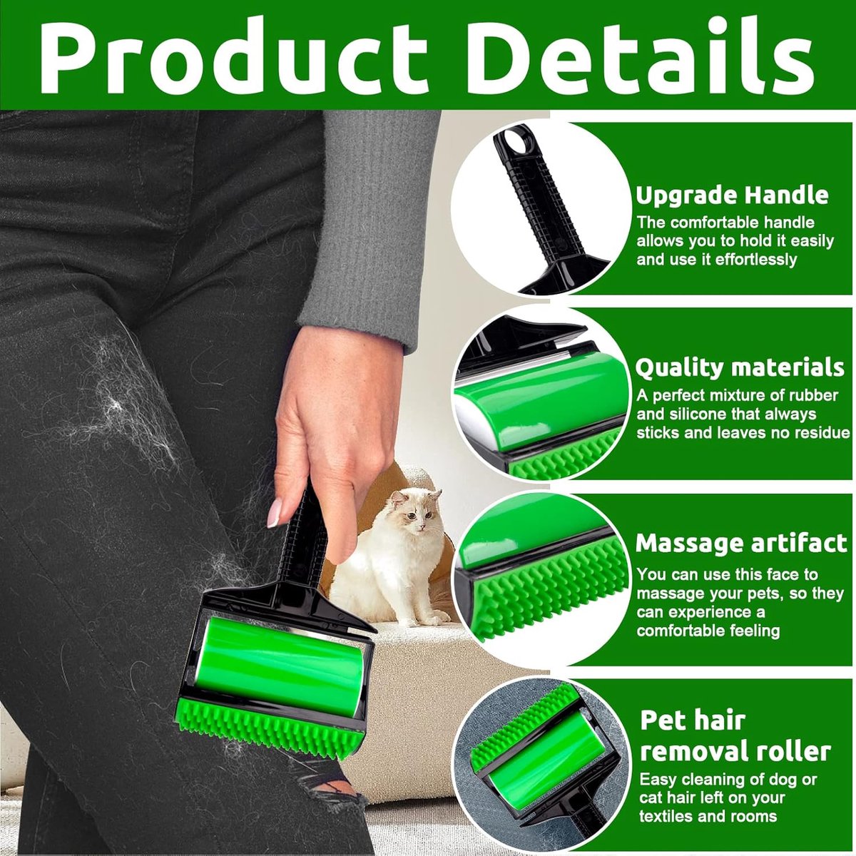 Pet hair remover - 3-in-1 lint roller - Reusable, silicone, washable - Suitable for sofas, carpets, couches, and clothing.